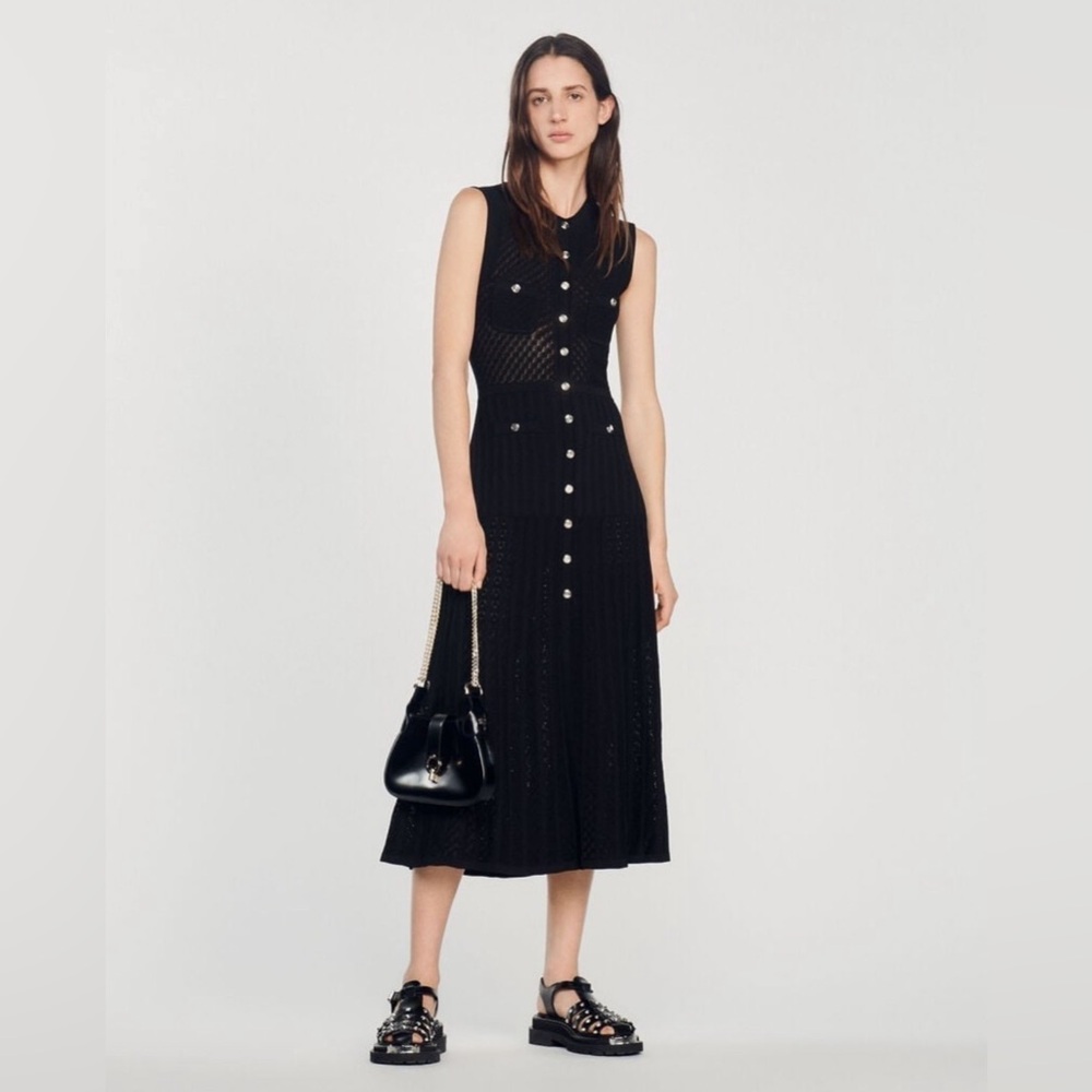 SANDRO Tuileries sleeveless pointelle dress in black